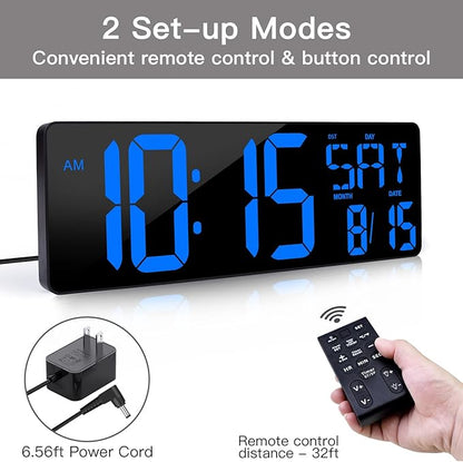 XREXS Large Digital Wall Clock with Remote Control, 16.5 Inch LED Large Display Count Up & Down Timer, Adjustable Brightness Plug-in Alarm Clock with Day/Date/Temperature for Home, Gym, Office
