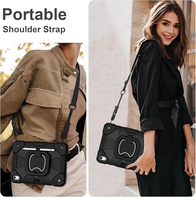 Case for iPad (A16) 11th Generation 11 Inch (2025) / iPad 10th Generation Case 10.9 Inch (2022) with 360° Rotating Stand Screen Protector Pen Holder Shoulder Strap, Black