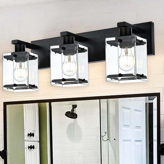 WINSHEN 3-Light Black Bathroom Light Fixture Over Mirror, Vanity Wall Lighting with Rectangular Clear Glass, E26 Bulb Base