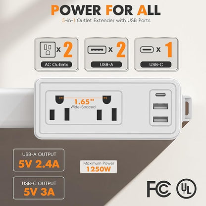 Wall Outlet Extender Stick & Electrical Plug Extension Outlet, Adjustable 8"-36" Wall Plug Extender, Multi Plug with USB C & A, 2 AC, 360° Access for Hard-to-Reach Outlets Behind Furniture Sofa Desk