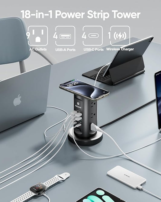 Kakyanill 115W USB Charging Station, Surge Protector Power Strip Tower, 9 AC Outlets with 8 USB Ports(4 USB-C), 6Ft Flat Plug Retractable Extension Cord, for Home Office Dorm, Black