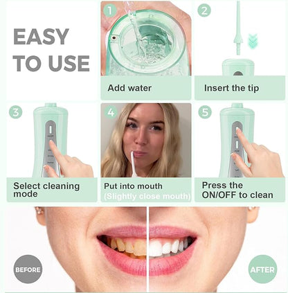 GOLDANT 350ML Water Dental Flosser Teeth Pick with Travel Bag, 5 Modes Portable Cordless Oral Irrigator Cleaner, Electric Rechargeable IPX7 Waterproof for Home Travel Teeth Cleaning flossing (Green)