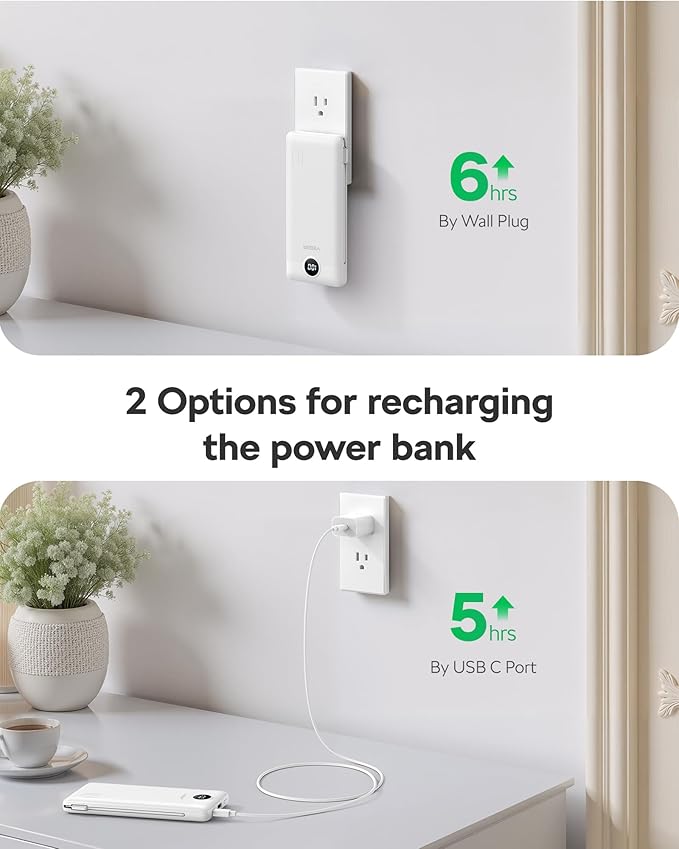 VEGER Travel Essential AC Wall Plug Portable Charger, 10000mah Slim Portable Charger Built in Cables, USB C Power Bank 15W Fast Charging, Battery Pack Compatible with iPhone, Android and More(Blue)