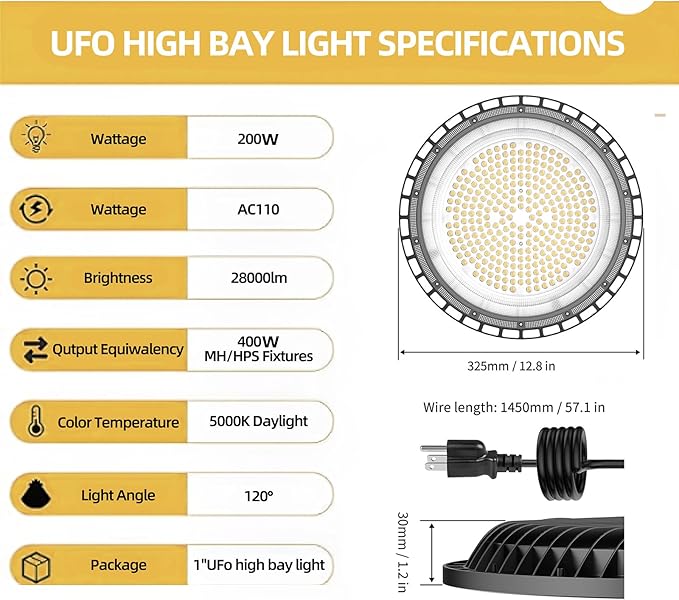 SOUTHLEVY 2 Pack UFO 200W LED High Bay Light, 5000K,28,000LM, 5 ft Cable with US Plug UL Certified Plug, IP65 Commercial Warehouse Area Light for Wet Location Area, Workshop, Garage