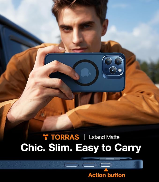 TORRAS Magnetic for iPhone 15 Pro Max Case [Compatible with MagSafe][Military-Grade Protection][Built-in Invisible Stand] Slim Hard Back Soft Edge, Blue Titanium