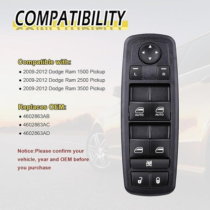 Vurkcy Driver Side Power Window Switch Door Lock Control Button Compatible with 2009 2010 2011 2012 Dodge RAM 1500/2500/ 3500 Quad & Crew Cab Pickup, Double Auto Buttons Replaces 4602863AB, 4602863AC