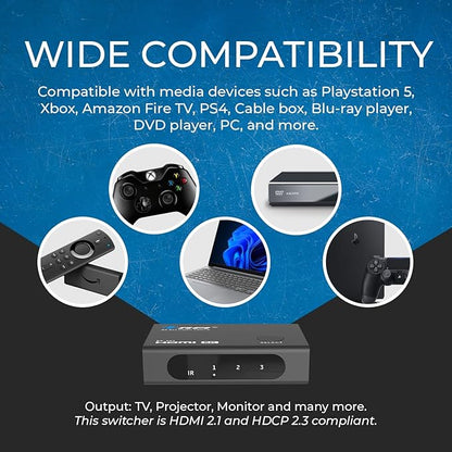 OREI HDMI Switcher with 4K@120Hz 4:4:4 / 8K@60Hz 4:2:0 - HDR10+, VRR, ALLM, QFT, CEC - 48Gbps Bandwidth - HDMI Switch with Remote – Perfect for Gaming with PS5/Xbox/PC