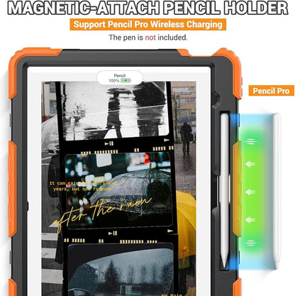 SEYMAC for iPad Air 13 Inch Case M3 2025/ M2 2024, Heavy Duty Shockproof Protective Case with Screen Protector, 360° Rotating Stand, Hand/Shoulder Strap and Pen Holder for iPad Air 13, Orange