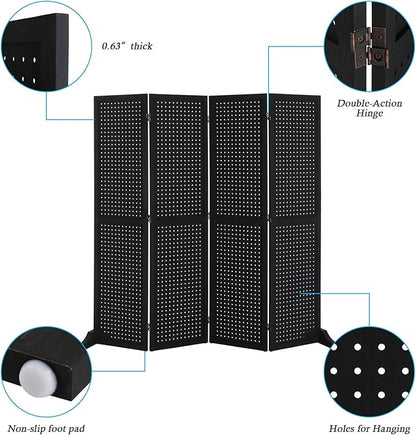 Bonnlo 4 Panel Pegboard Freestanding, 5 FT Portable Display Board Organizer for Craft Show Jewelry, Wooden Folding Privacy Screen Room Divider (with Base, Black)