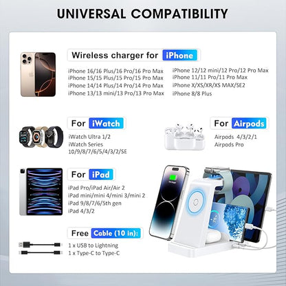 Wireless Charger for iPhone - 5 in 1 Charging Station for Multiple Devices Apple: Fast Wireless Charging Stand Dock for iPhone 16e 16 15 14 13 12 Pro Max Apple Watch Airpods(White)