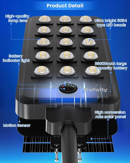 Gefolly G-15000W Solar Street Light Outdoor, Wide Angle Commercial Parking Lot Light Dusk to Dawn 6500K IP67 Flood Security with Motion Sensor Lamp for Yard, Basketball Court