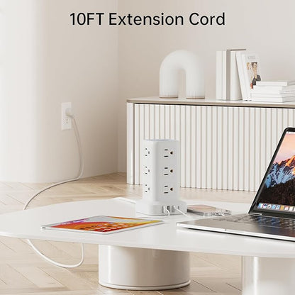 PD20W Power Strip Tower Surge Protector Power Strip with USB 12 Outlets with 4 USB Ports (1 USB C), Flat Plug 10FT Extension Cord Multi Plug Outlet Extender Overload Protection for Home Office