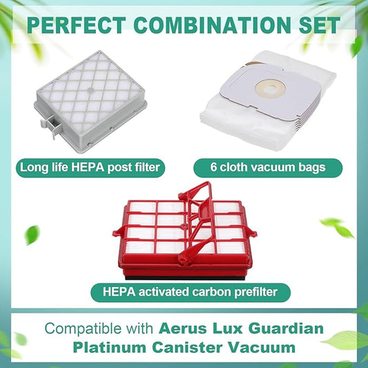 Tondiamo Style P Hepa Vacuum Bag and Filter Bundle Compatible with Aerus Lux Guardian Platinum Canister Vacuum Cleaner 1 Hepa & Carbon Pre and 1 Long Life After Filter with Handle, 6 Cloth Bags