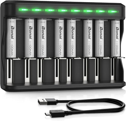 BONAI AAA Rechargeable Batteries, 8 Pack 1100mAh NiMH Batteries with Smart Universal Battery Charger