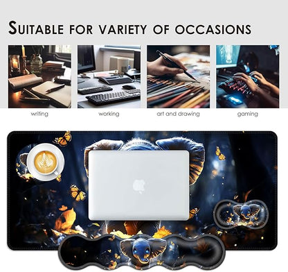 BFUKVOU Large Keyboard Mouse Pad Set, Extended Mouse Pad+Keyboard Wrist Rest Support, Memory Foam Ergonomic Easy Typing, 4Pcs (31.5×11.8 in) Desk Pad Set for Office Home,Cute Elephant with Butterflies