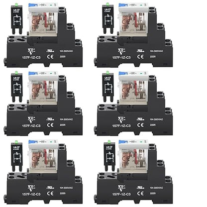 UL Listed 6 Pcs 12Amp Din Rail Relay 24V DC Relay Coil, 5 Pin SPDT 1NO 1NC with Test Button, LED Module Light, Socket Base, DIN Rail