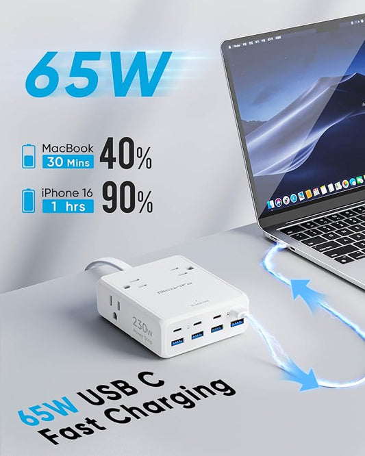 Olcorife 230W USB Power Strip, Ultra Thin Flat Plug Extension Cord 5FT, 4 AC Outlets 8 USB Ports(4 USB-C&4 USB A), 2000J Surge Protector, Home Office Dorm Travel Essentials