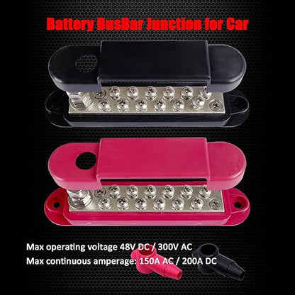 1/4" Stud Power Distribution Block Bus Bar with 12 x #8 Screws, Ampper 5.3" 12V 150A Marine BusBar Battery Distribution Block W/Cover for Car Audio Boat Solar (Red & Black)