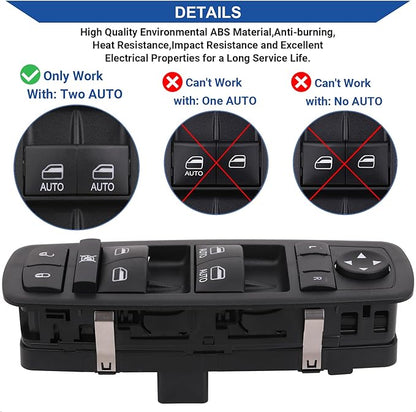 Obaee Driver Side Window Switch Power Control Button Compatible with 2010-2011 Chrysler Town & Country, Dodge Grand Caravan, Replacement OEM 04602535AH 04602535AI, Double Auto Green Light