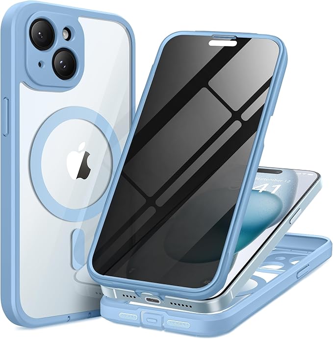 Magnetic for iPhone 15 Case, Compatible with MagSafe, Built-in Privacy Screen Protector and Camera Protection, Anti Spy Full Body Dustproof Shockproof Hard Phone Case 6.1", Sky Blue