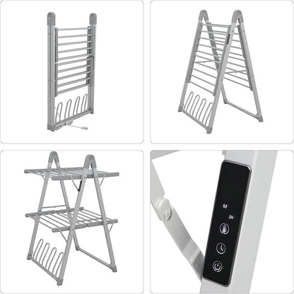 SHARNDY Electric Heated Clothes Drying Rack,Foldable Heated Garment Dryer with Timer Shut-Off Laundry Rack for Clothes Shoes Socks,Aluminum Alloy,Silvery Gray,Plug & Play,(39.37x25.98x23.82in)