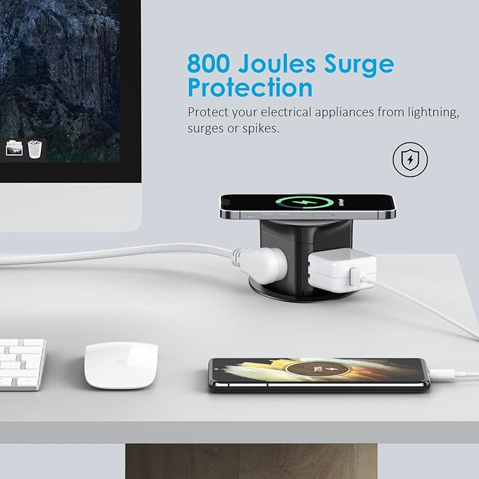 Jgstkcity Pop Up Outlet with 15W Wireless Charger,4 Outlets 15A, Splash Resistant,3 inch Desk Hole Power Grommet,Space Saver Outlet for Kitchen Countertop,Office Conference Table,ETL Listed (Black)