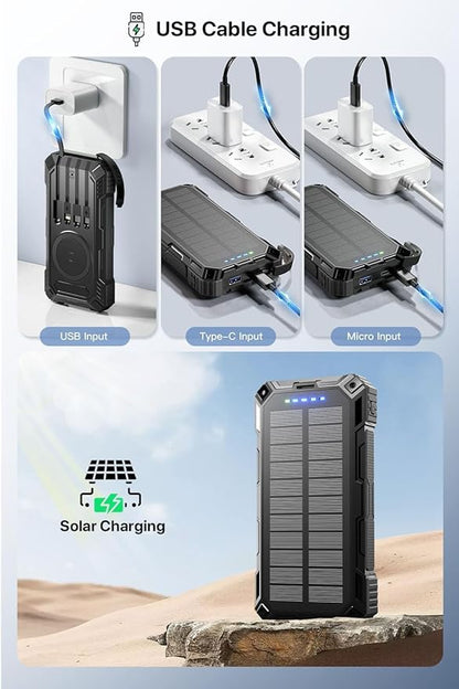 jskei Power Bank 49800mAh Solar Portable Charger Wireless Charging USB-C 15W Fast Charging with 4 Built-in Cables LED Flashlight Battery Pack Compatible with iPhone, iPad, Perfect for Camping,Hiking