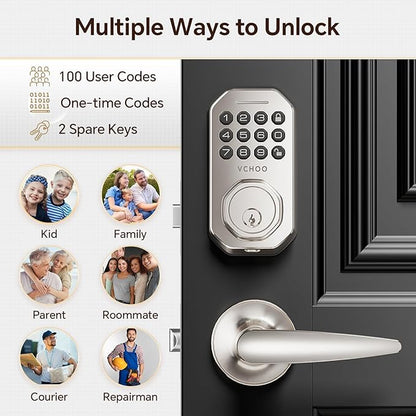 VCHOO Keyless Entry Door Lock Set Smart Locks for Front Door Keypad Door Lock with Handle Auto Lock One Time Password Anti Peeping Password IP54, Satin Nickel