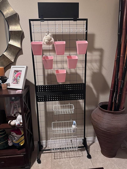 DEMEGA 6' x 2' Ft Grid Wall Panel, Pegboard Gridwall Display Stand with Notice board, Sturdy Floorstanding Wire Grid Rack, Movable Silent Wheel for Home Organization Retail Trade Art Craft Show Vendor