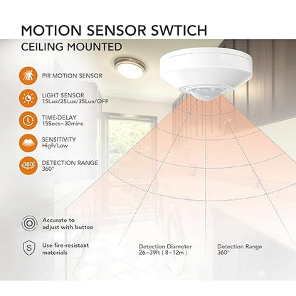 RAYZEEK Ceiling Mount 360 degree PIR Occupancy Motion Sensor,2200W,110-265V,8-12M High Sensitive HardWired Occupancy Sensor Detector, Commercial/Residential,Up to 1600 sq.ft(10A,Neutral Wire Required)