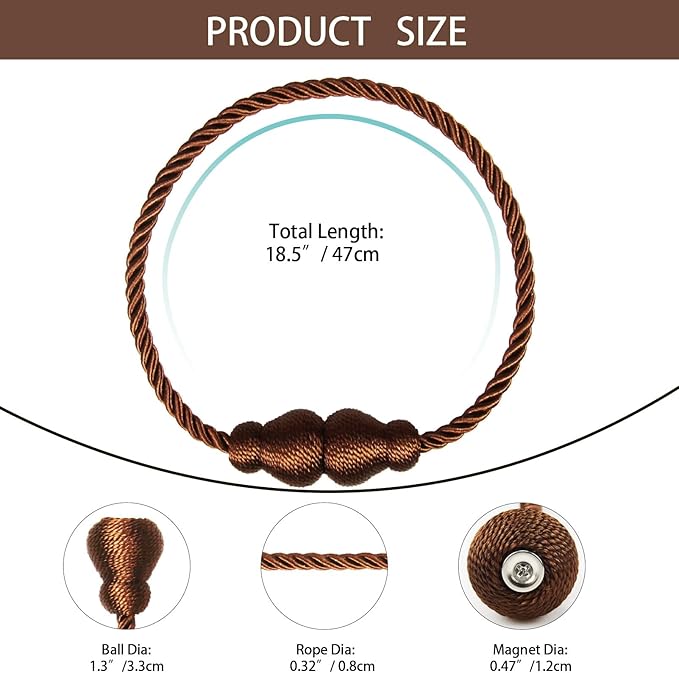 Nieffeiy Magnetic Curtain Tiebacks Outdoor Curtain Tie Backs Rope Decorative Magnetic Curtain Holders for Drapes Window Treatment Holdbacks, Brown 2Pack