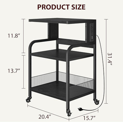Garvee 3-Tier Large Printer Stand with Power Outlets & USB Ports, Industrial Rolling Printer Cart with Heavy Duty Metal Frame & Adjustable Shelf, with Storage & Lockable Wheels for Home Office, Black