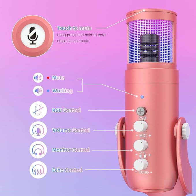 ZealSound USB Gaming Microphone for iPhone PC Type C Phone,Noise Cancellation,K66 RGB Condenser Mic with Controllable Led Lights,Echo,Touch Mute,Monitor,Gain for Podcast,Gaming,Podcasting,ASMR (Pink)