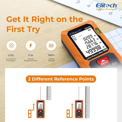 Elitech Laser Measuring Tool 165ft, Digital Laser Tape Measure with Dual Bubble Levels, 99 Data Memory & Mute, Ft/In/M High Precision Measuring Tool for Home Renovation & Decoration (Battery Included)