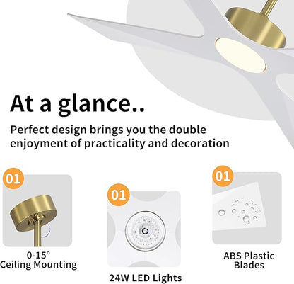WINGBO 54" Wet Rated Outdoor Ceiling Fan with Lights, 4 ABS Plastic Blades, Reversible DC Motor, 6-Speed Remote Control, 3 CCT, Waterproof Ceiling Fan for Patio Porch Gazebo Garage, Brass and White