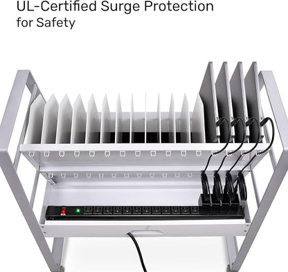 Line Leader 16-Device Mobile Charging Station | Steel Rolling Cart for Laptops, Tablets, & Chromebooks | Open Design with Dividers & UL-Certified Surge Protection | Portable Charging Stand (White)