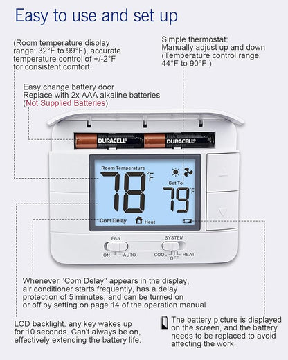 Aowel Non Programmable Thermostat for Home 1 Heat/ 1 Cool Single-Stage System, with Room Temperature Monitor (LCD White Backlit Screen)