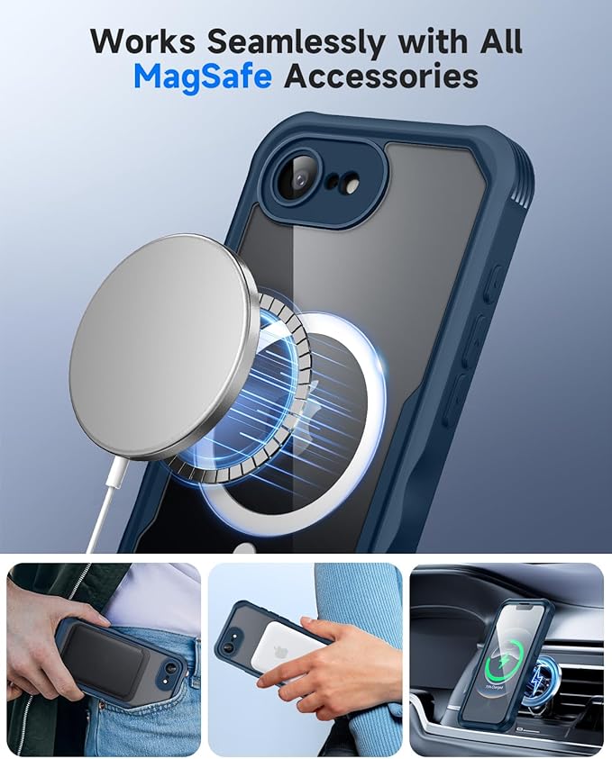 seacosmo for iPhone 16e Case, Full Body Bumper with Built-in 9H Tempered Glass Privacy Screen Protector and Camera Lens Protection, Compatible with MagSafe, Shockproof 16 e Phone Case, 6.1", Blue