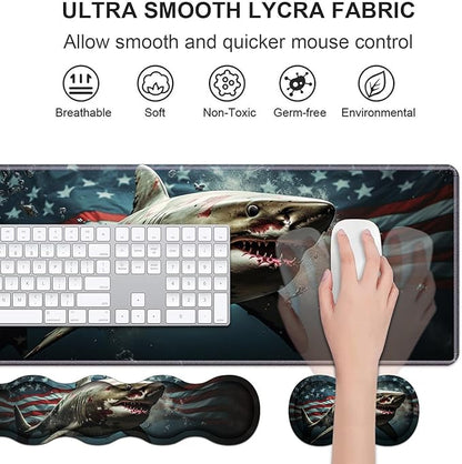 Ergonomic Keyboard Wrist Rest & Mouse Pad Wrist Rest Set, Large XXL Gaming Desk Mat 31.5"x 11.8" with Non-Slip Base, Memory Foam, Easy Typing Pain Relief for Home & Office, American Flag Shark