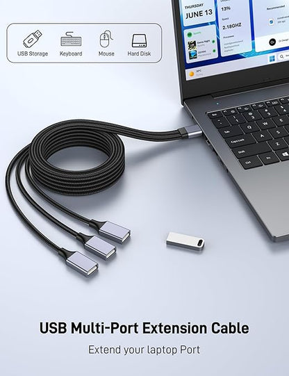 KAYQINHO 6.6FT USB A Male to 3 Female Cable, USB Splitter Cable for Mac, Xbox, Laptop, Tablet, Smartphone Data Transmission, Card Reader, Keyboard, PS4, PS5, Mouse. ﻿