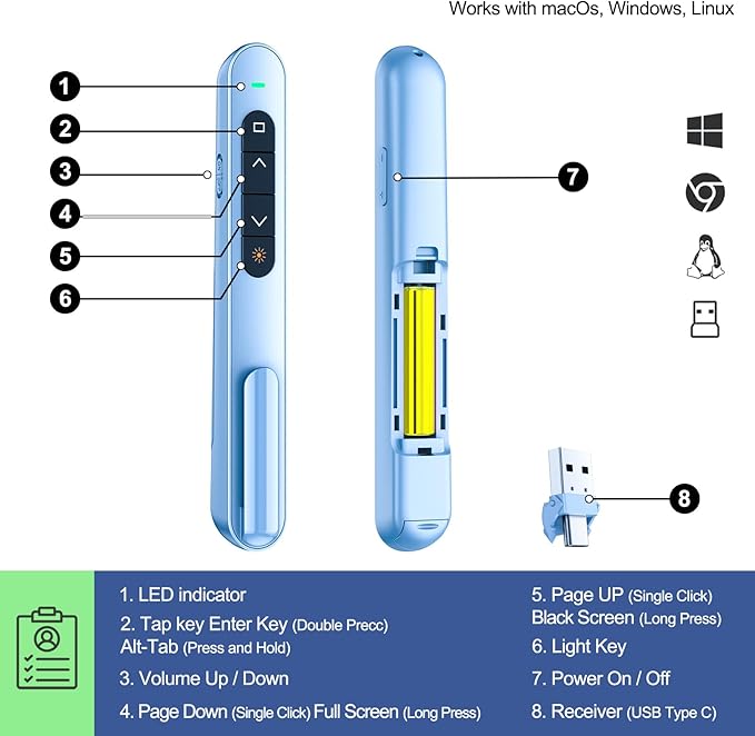 QUI Presentation Clicker for PowerPoint, RF 2.4GHz USB C Wireless Presenter Remote with Volume Control, PowerPoint Clicker Slide Advancer for Mac, Windows, Laptop, Keynote