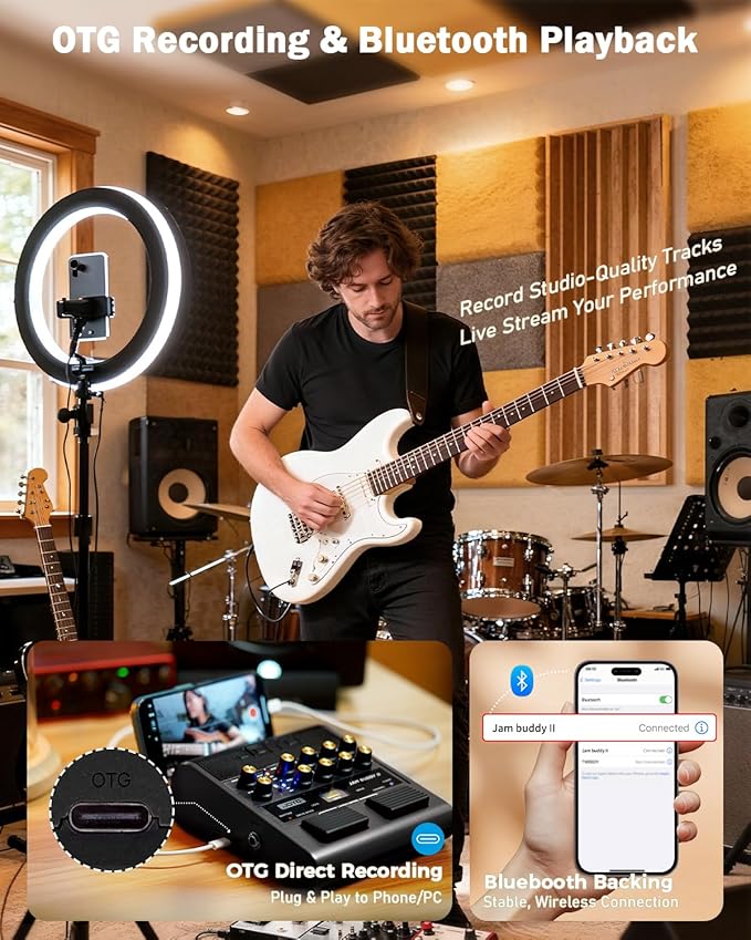 JOYO 10W Portable Electric Guitar Amp Multi-Effects Pedal Combo Amplifier with Footswitch,14 Amp Models,3-Band EQ,36 Drum Patterns & Looper,OTG Recording,Bluetooth for Practice(JAM Buddy II, Black)