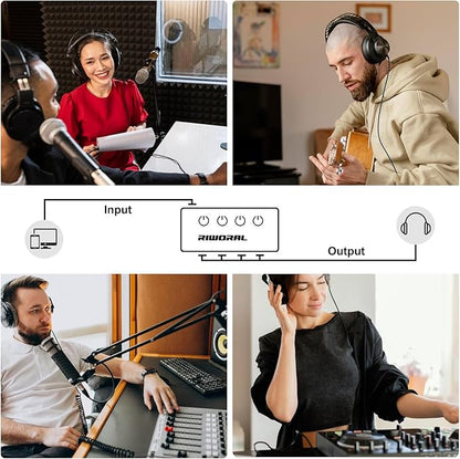 Riworal 4 Channels Headphone Amplifier with 3.5mm/6.35mm/ TRS Jack Input for Dj Mixer Amps Splitter with 8 Output Ports Separate Volume Control Output for Speaker Or Monitor Headphone