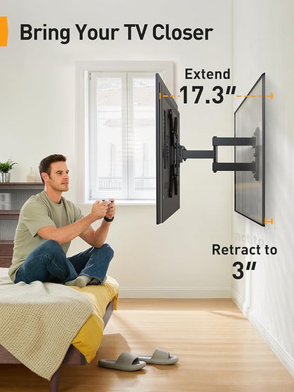 Perlegear Full Motion TV Mount for Most 26–65 inch Flat or Curved TVs up to 82 lbs, Wall Mount TV Bracket with Articulating Arms, Tool-Free Tilt, Swivel, Extension, Max VESA 400x400mm, PGMF3