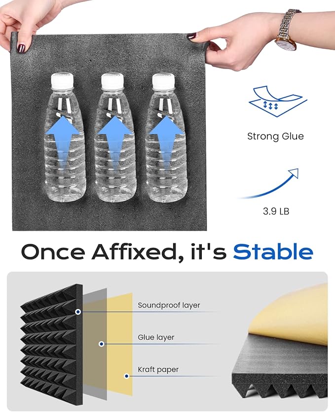 Sonicism Sound Proof Foam Panels for Walls Upgrade Self-Adhesive 8 Pack Pyramid 3"X12"X12" Acoustic Panels 35kg/m³High Density,Soundproof Wall Panels Fast Expand,Sound Absorption and Decoration,Black