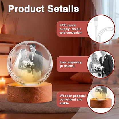 LOVEVEN Personalized 3D Crystal Ball Night Light - Custom Photo Snow Globe Lamp for Valentine‘s Day, Anniversary, Birthday - Memorial Keepsake Gift for Couples, Family, Pets