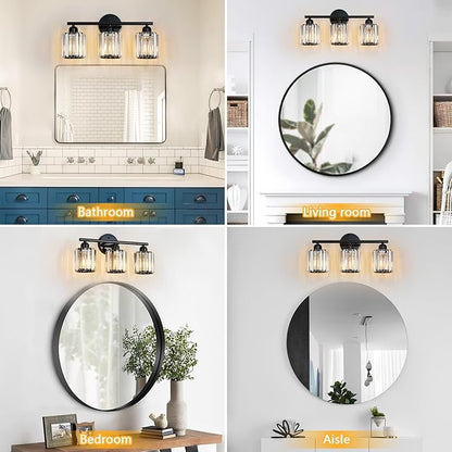 FDPBY Modern 3 Light Crystal Vanity Light, Plating Black Vertical Bathroom Light Fixture Over Mirror for Dressing Table Sink, Compatible with Dimmable Bulbs (Bulbs Not Included)