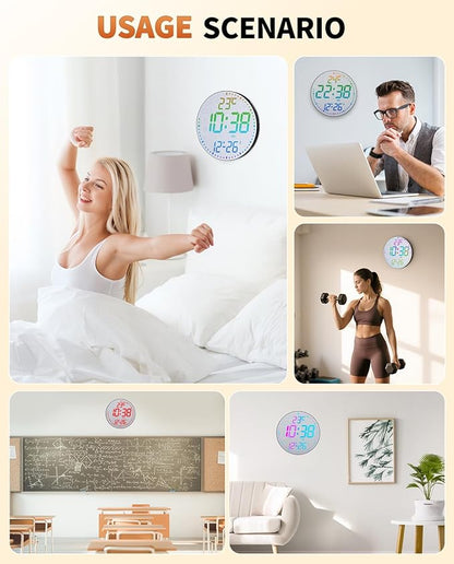 GLOKUUCA 12" Large Digital Wall Mount Clock, Count Down Timer, Alarm, Big LED, 12 RGB Color, Temperature for Living Room Classroom Desk, Xmas, Birthday Gift for Senior Mom (Fabric Elements)