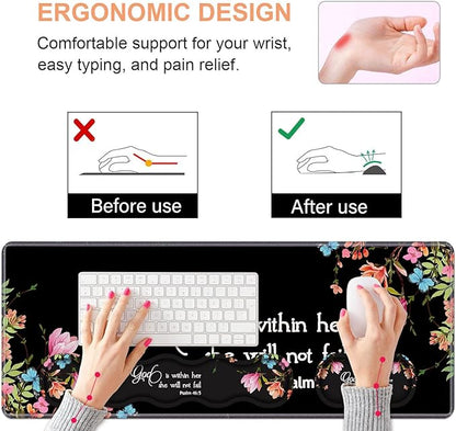 Ergonomic Keyboard Wrist Rest & Mouse Pad Wrist Rest Set,Large Gaming Desk Mat 31.5"x 11.8" with Non-Slip Base,Memory Foam,Easy Typing Pain Relief for Home & Office,Floral Quote Bible Verse Psalm 46:5