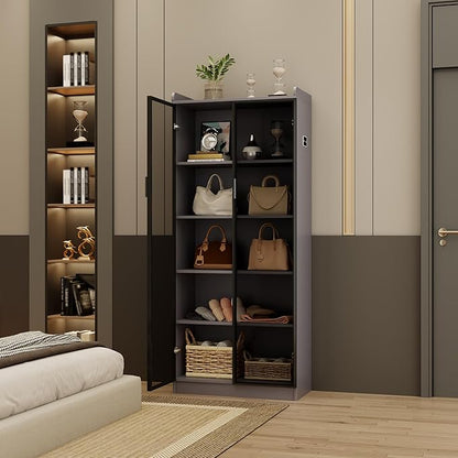Dystler 65" Tall Display Cabinet with Doors, Lighted Bookcase with Lights/Human Sensor, 5 Tier Display Case with Adjustable Shelves for Collectibles Bedroom Living Room Office, Grey-Smoked Black Door